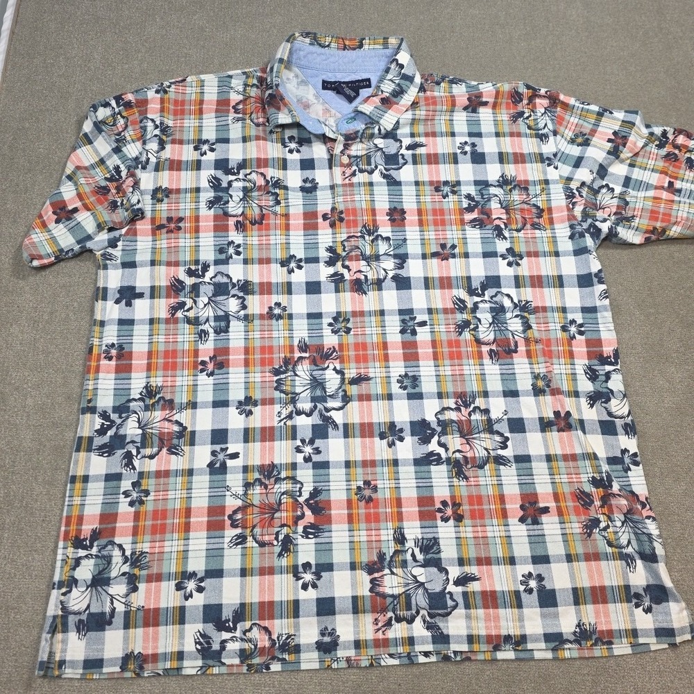 Tommy Hilfiger Reg Short Sleeve Cotton Polo Button Shirt XL Windowpane Floral